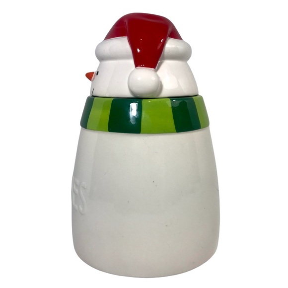 HALLMARK Cookie Jar Snowman with Red Santa Hat and Green Stripe Scarf - Picture 4 of 10